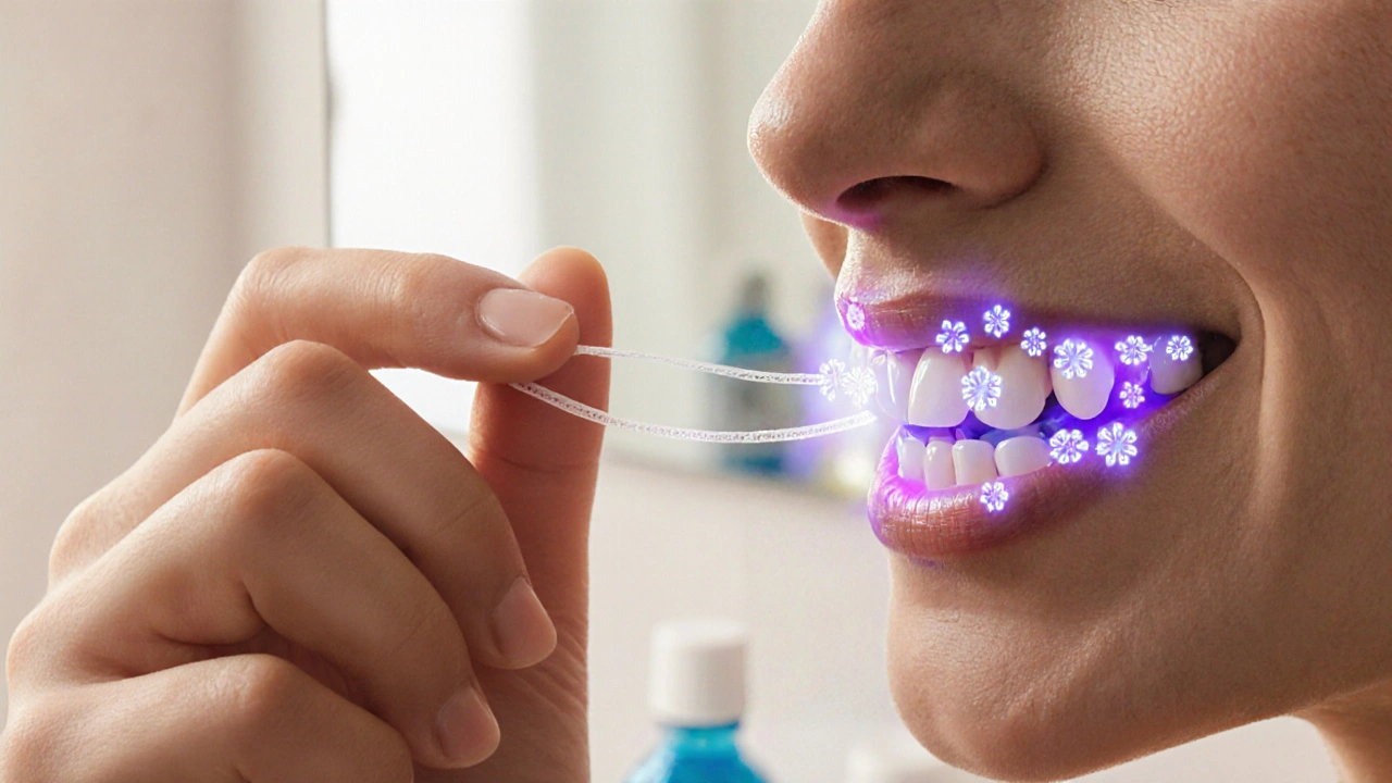 Dental floss removing plaque between teeth with antibacterial effect