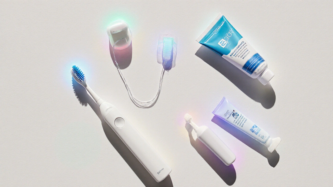 Modern dental hygiene tools arranged neatly on a white surface