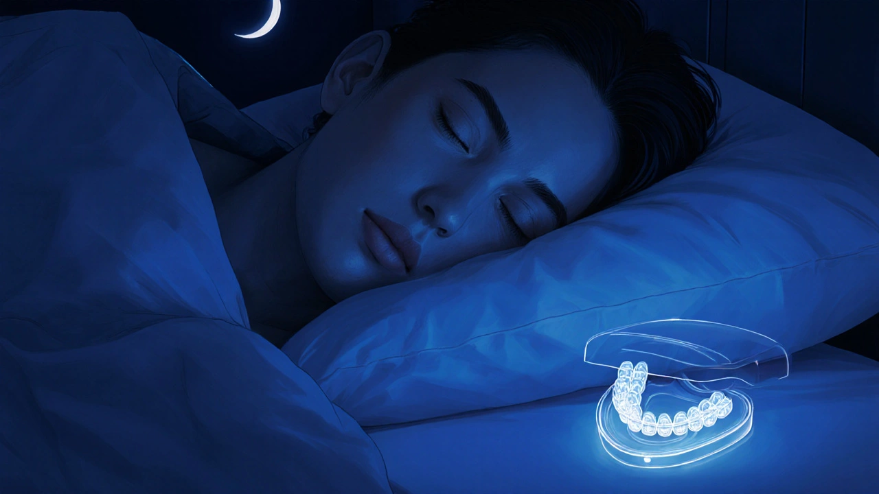 Člověk spí s neviditelnými rovnátky, plastový kontejner vedle postele.