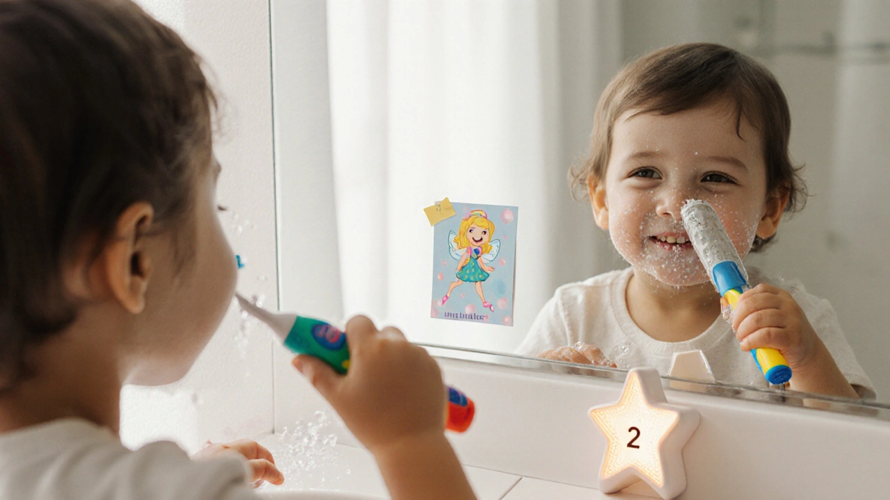Dítě si čistí zuby před zrcadlem s kartáčkem s oblíbeným hrdinou a hvězdicovým časovačem.