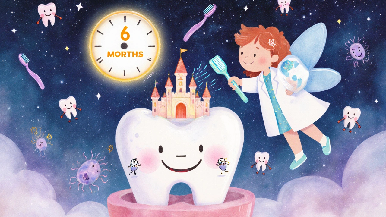 Dítě si představuje zubní skřítka, který bojuje proti bakteriím a mění zuby na zámečky v kouzelném světě.
