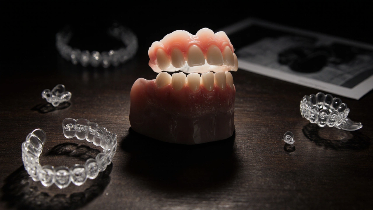 Fazeta plave nad čelistí, zatímco ortodontické přístroje mizí v pozadí jako stíny.