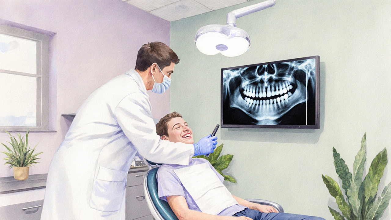 Malba moderní zubní ordinace při vyšetření pacienta s X‑ray obrazem.