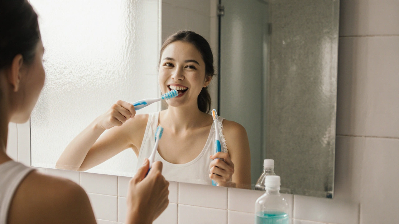 Osoba provádí správné čištění zubů, nitování a ústní vodu v moderní koupelně.