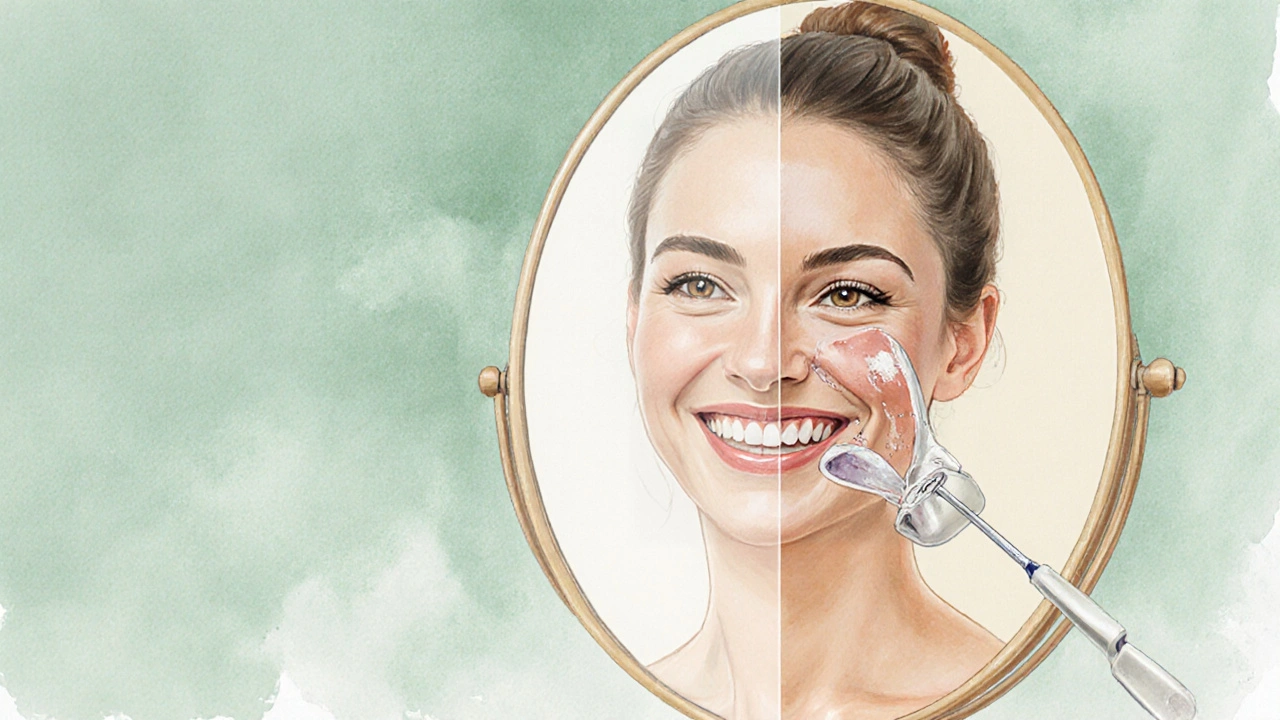 Přehledný obraz zubů pod veneery ukazuje skrytou křivost a estetický výsledek.