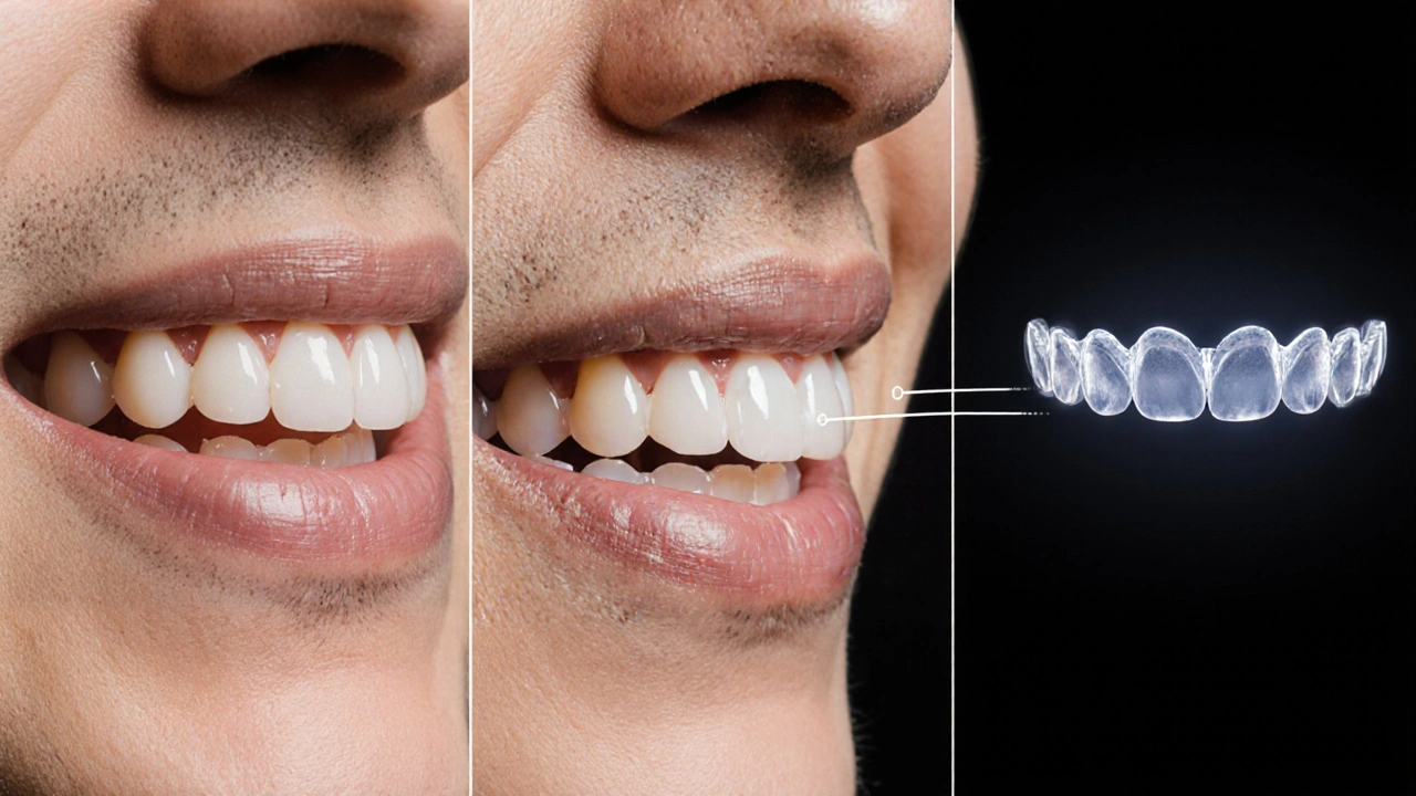 Tři fáze úpravy zubů: špatné, přechodné a dokonalé zarovnání.