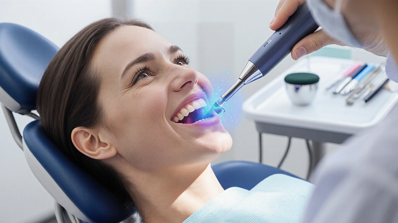 Zubní hygienistka používá ultrazvukový čistič na zuby pacienta v klinickém prostředí.