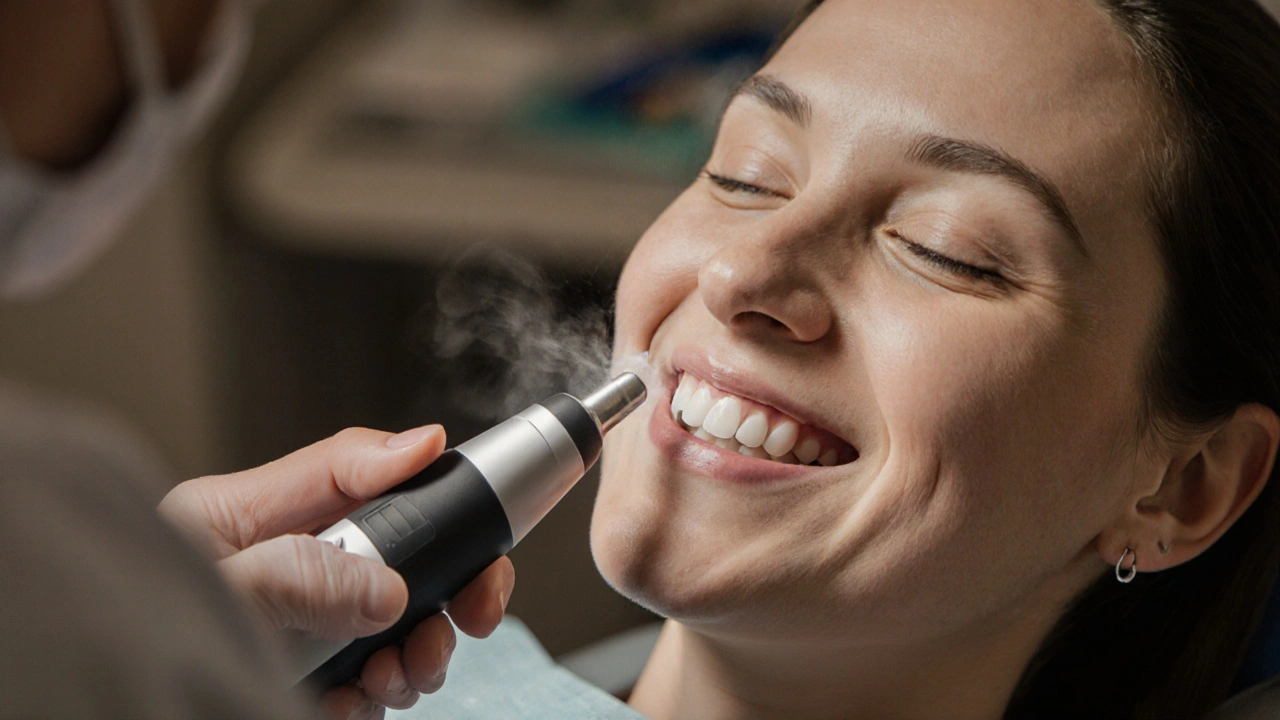 Zubní lékař odstraňuje zubní kámen ultrazvukovým přístrojem v klinice.