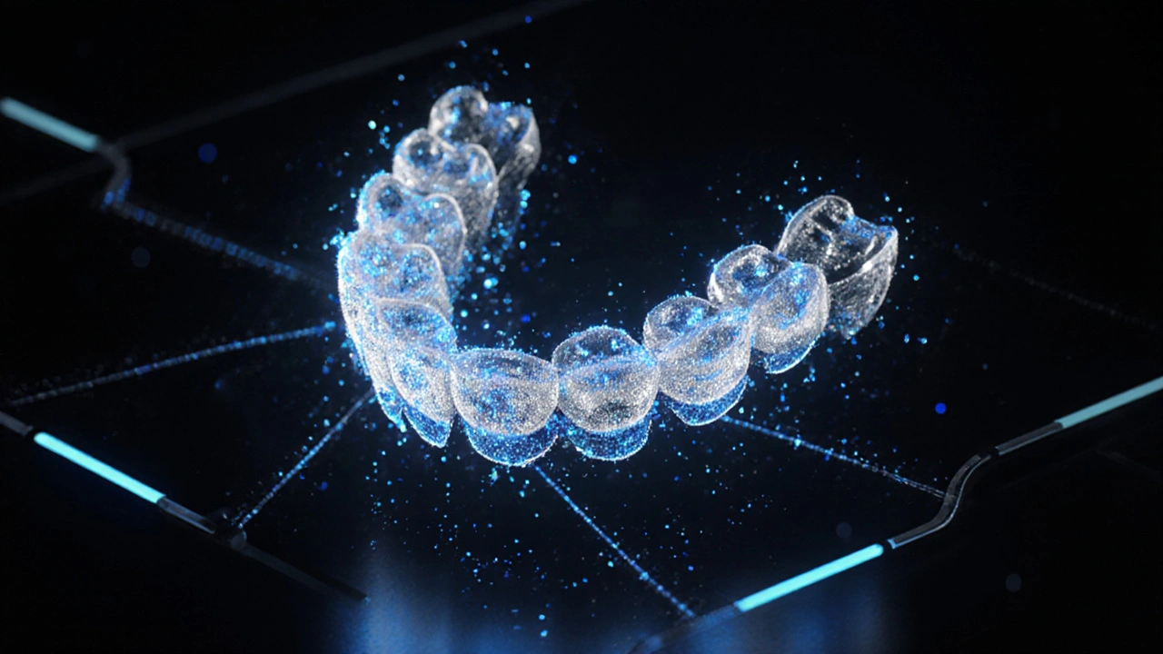 3D tisknutá fazeta s holografickou simulací pohybu zubů