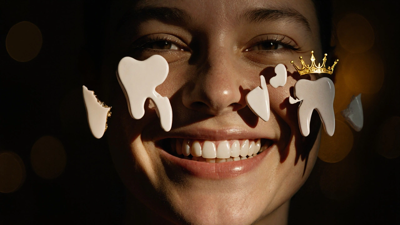 A person smiling with a restored front tooth as broken fragments transform into ceramic veneers.