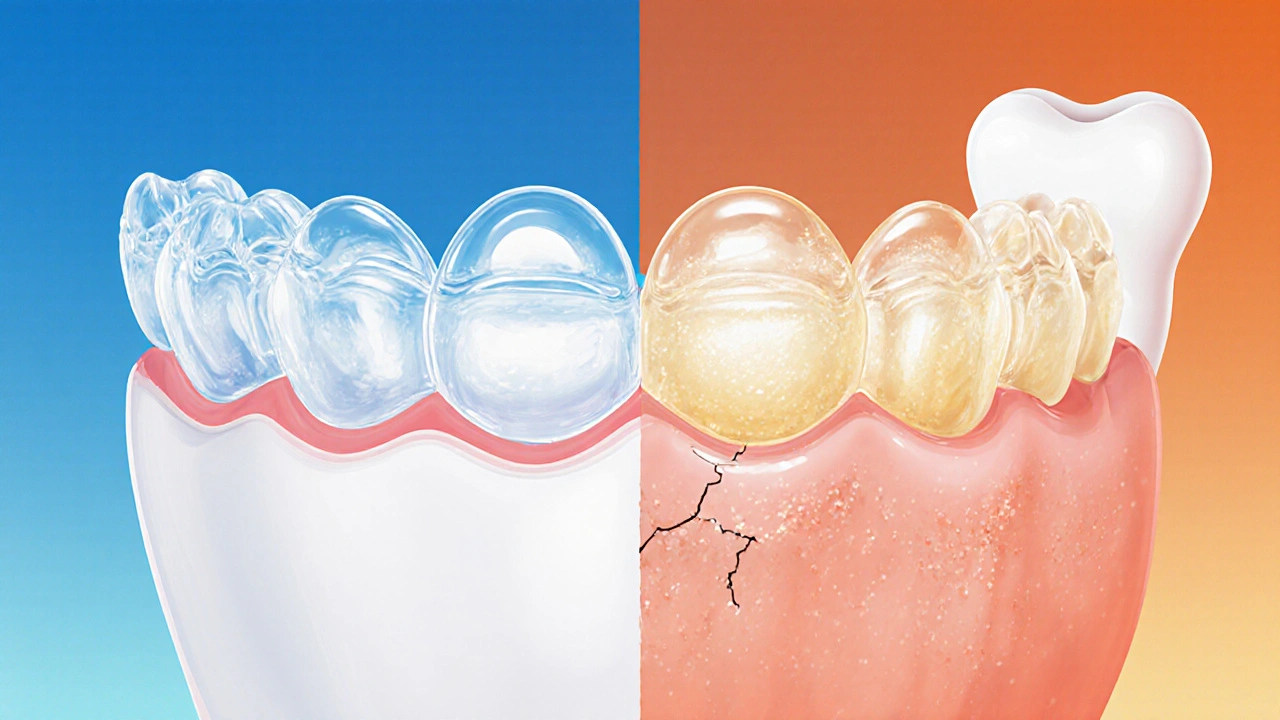 Čistá a znečištěná rovnátka vedle sebe – zdravé zuby vs. plak a poškození.