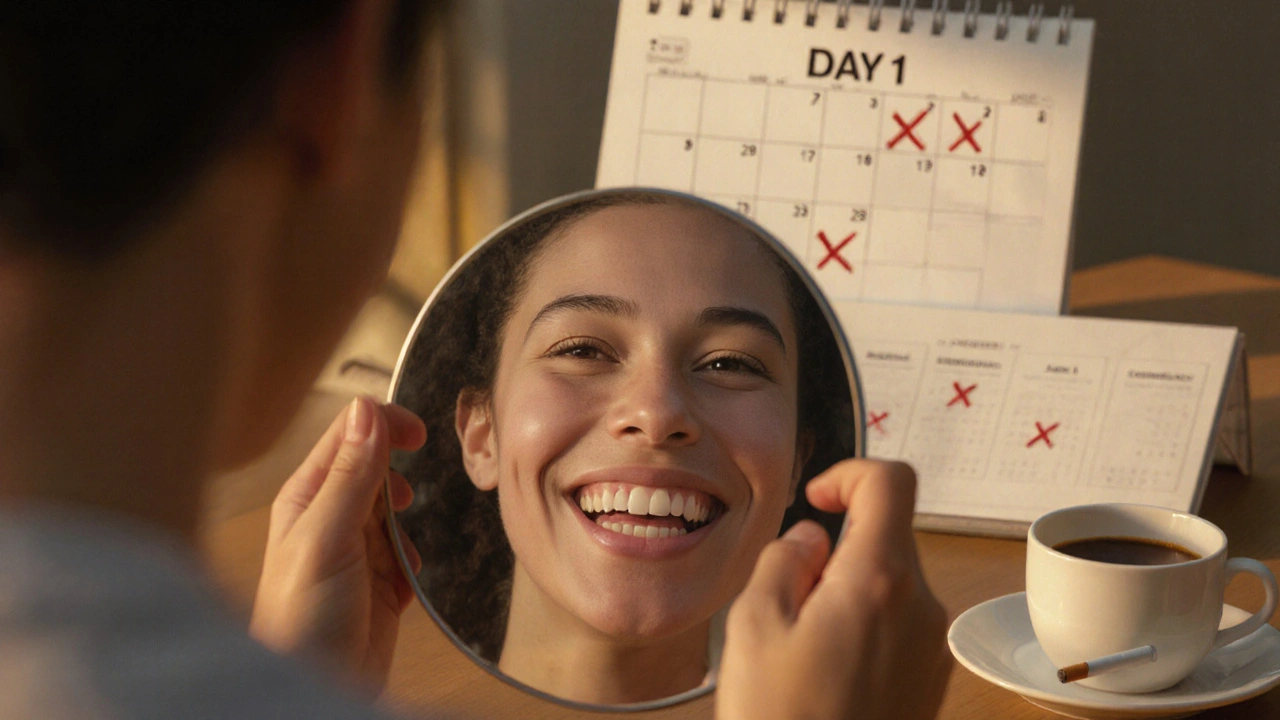 Člověk se směje do zrcadla s bílejšími zuby, ale s mírně červenými dásněmi.