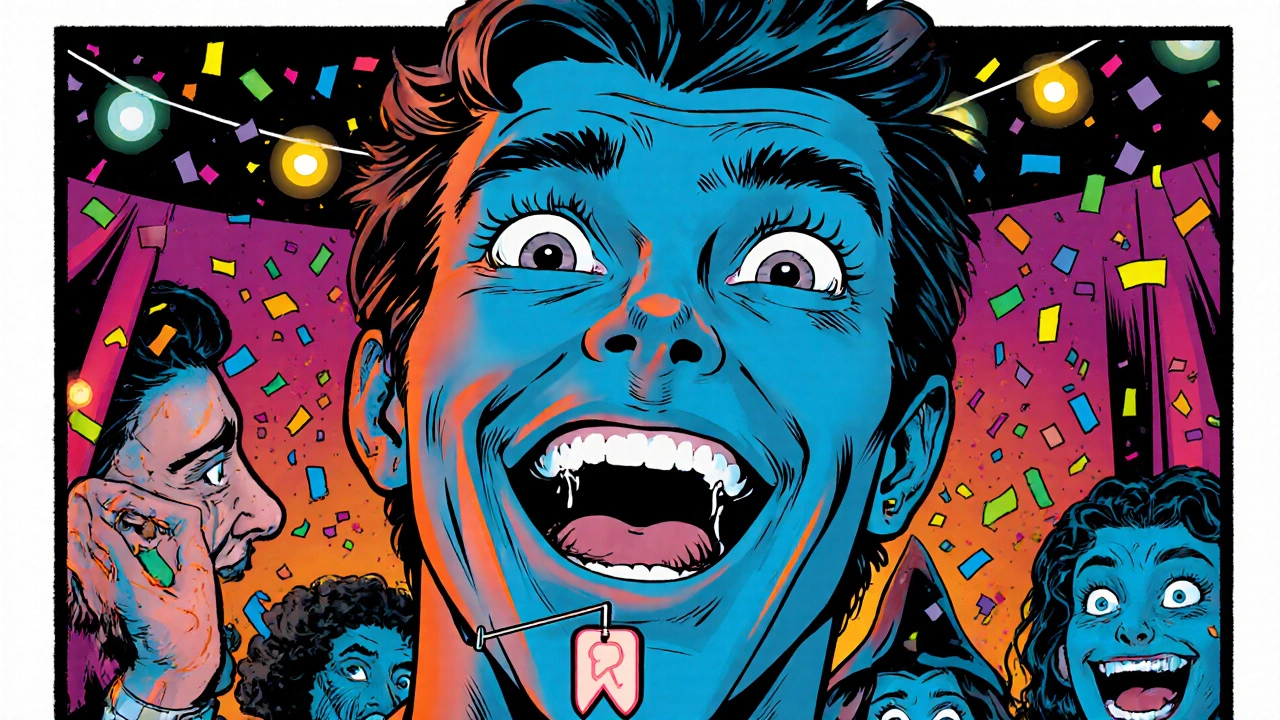 Člověk se směje na halloweenové party s jedním volně visícím falešným zubem.