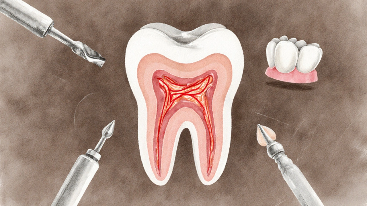Cross-section of a front tooth showing enamel, dentin, and pulp with dental restoration options.