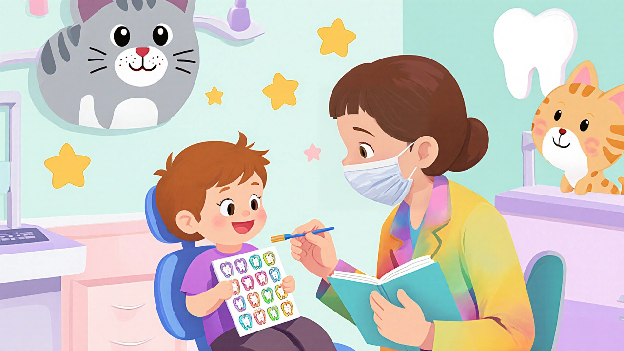 Dítě v dětské zubní klinice s kocourkem jako mascotou, dentist aplikuje léčbu bez vrtání.