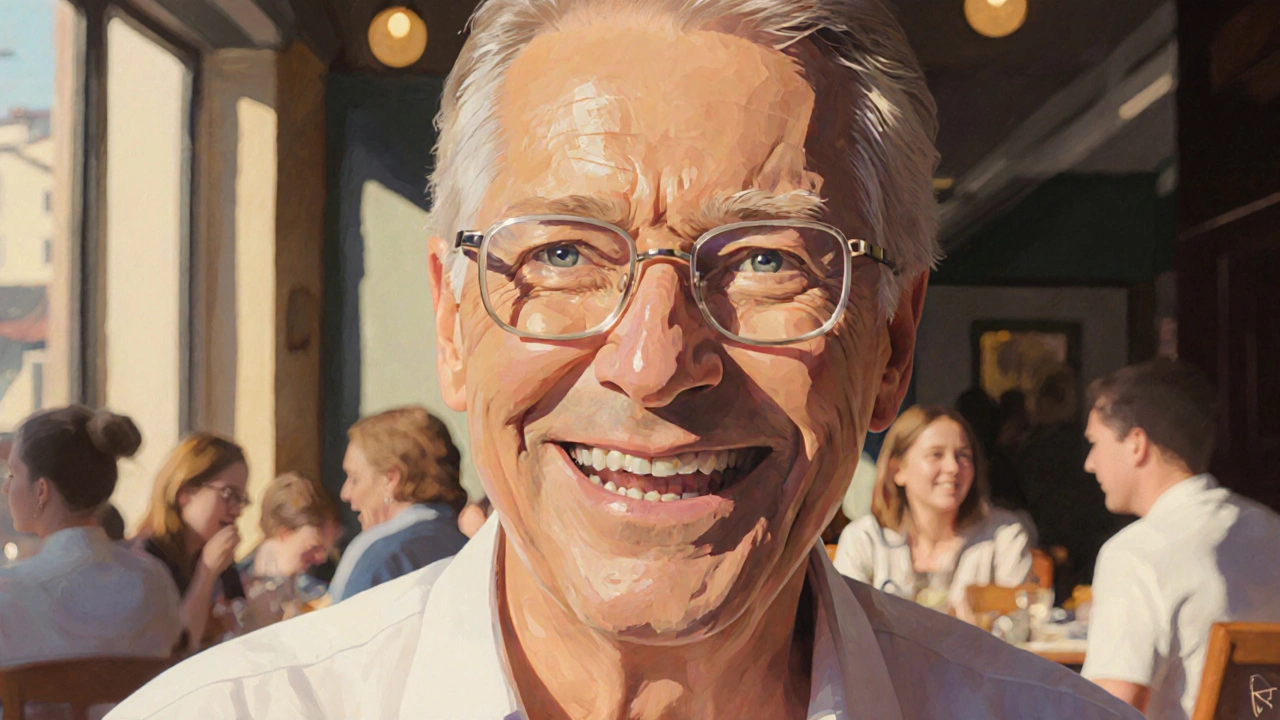 Dospělá žena s keramickými fazetami v kavárně, široký úsměv