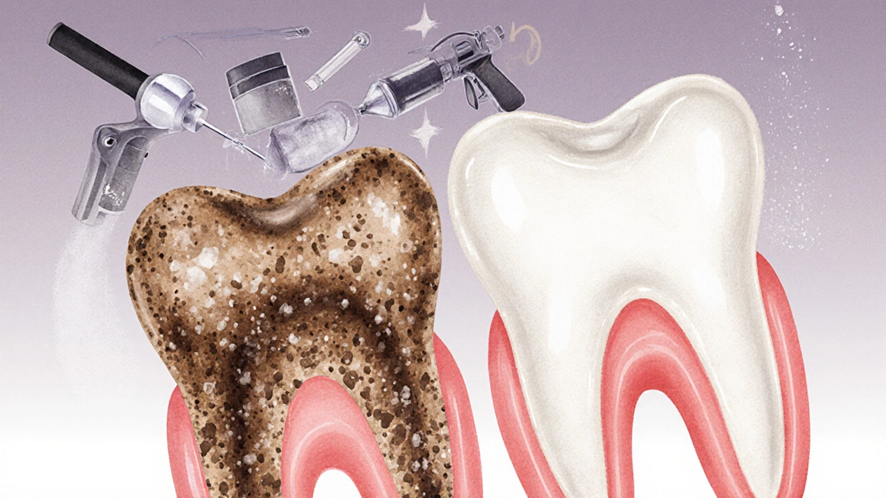 Dva zuby: jeden s nánosy kamenů a špíny, druhý čistý a lesklý po pískování.