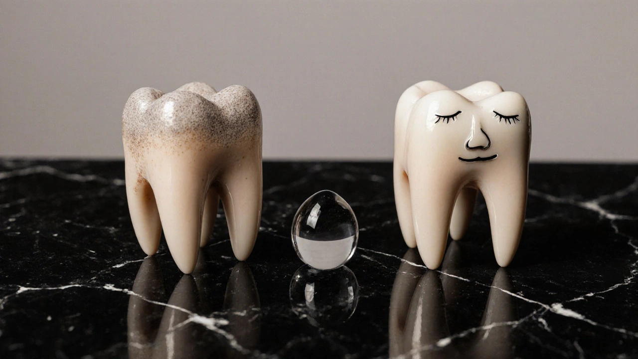 Dva zuby vedle sebe: jeden poškozený, druhý dokonale vyrovnán, s odrazem klidně spícího obličeje.