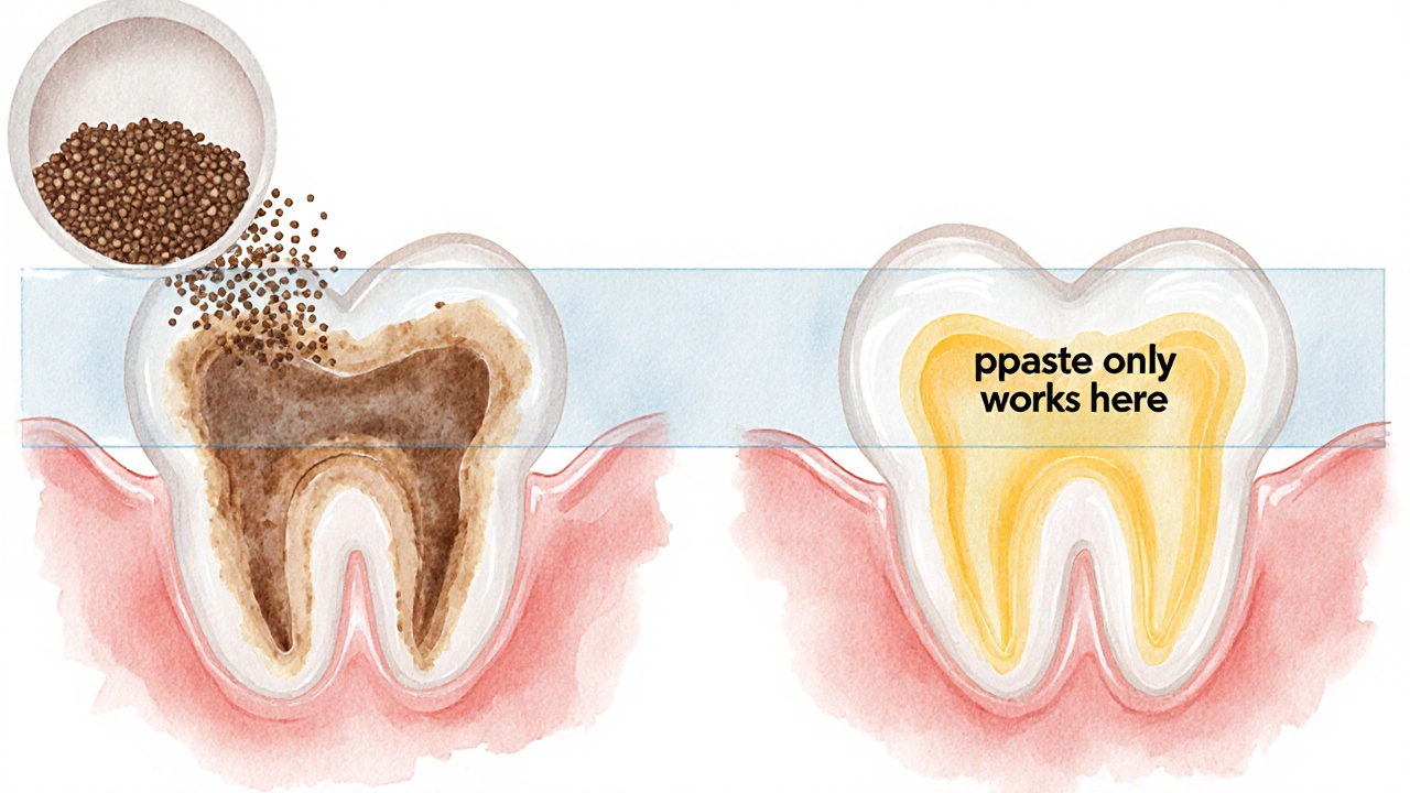Dvě sady zubů: jedna s povrchovými skvrnami, druhá s vnitřním ztmavením, oddělené průhlednou čárou.
