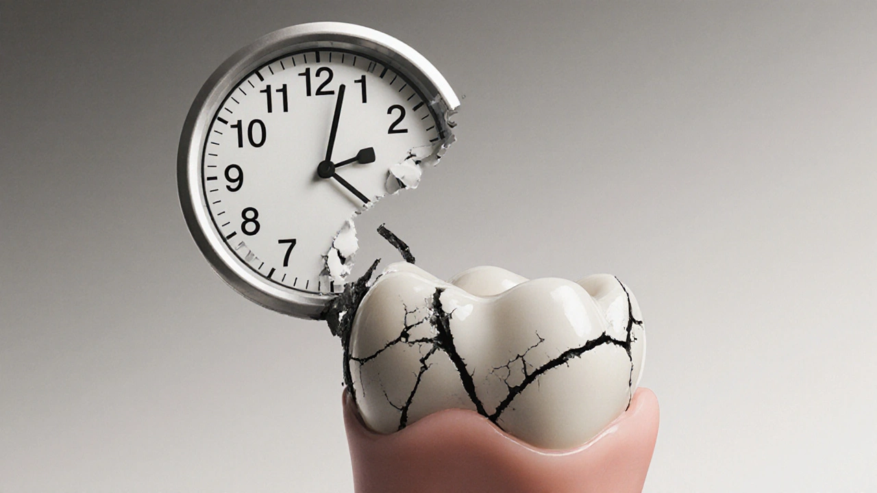 Hodiny nad zubem ukazují překročení bezpečného času bělení s poškozením skloviny.