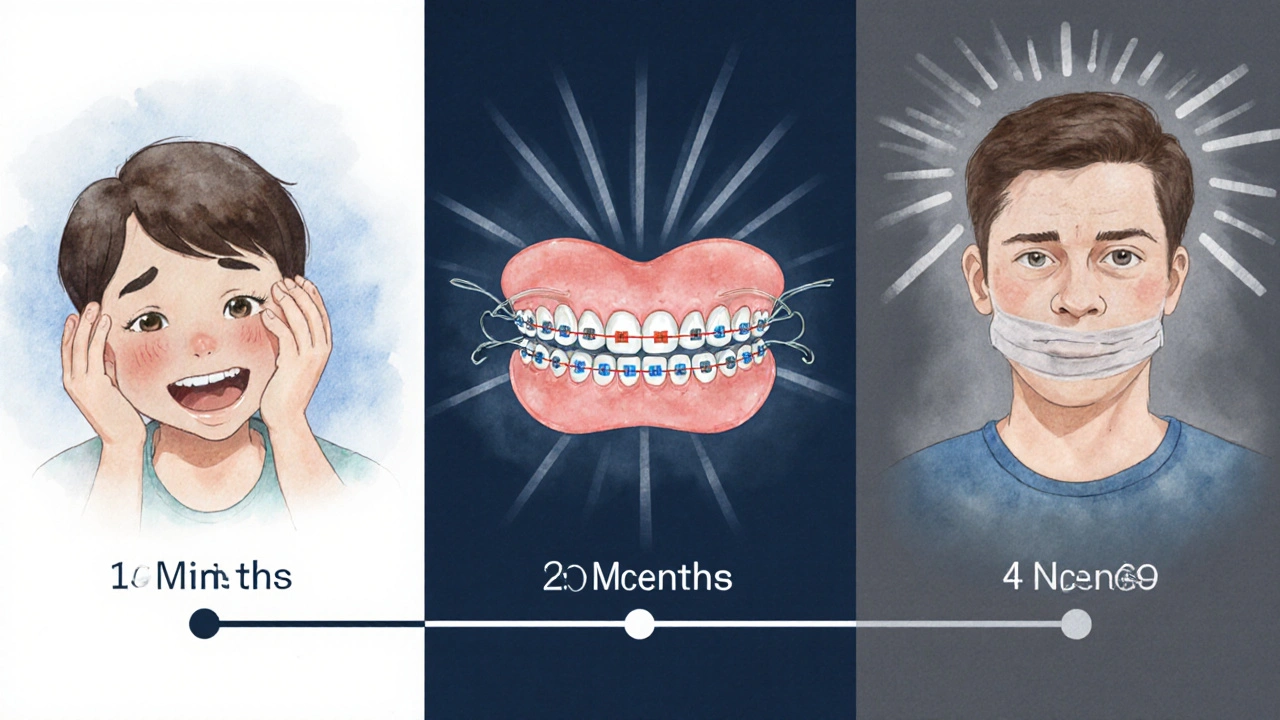Ilustrace postupného zarovnání zubů pomocí rovnátek s výsledkem v podobě retaineru.