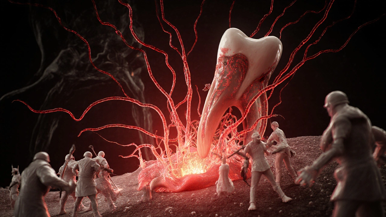 Infekce se šíří z kořene zubu do čelistní kosti jako červené proudy.