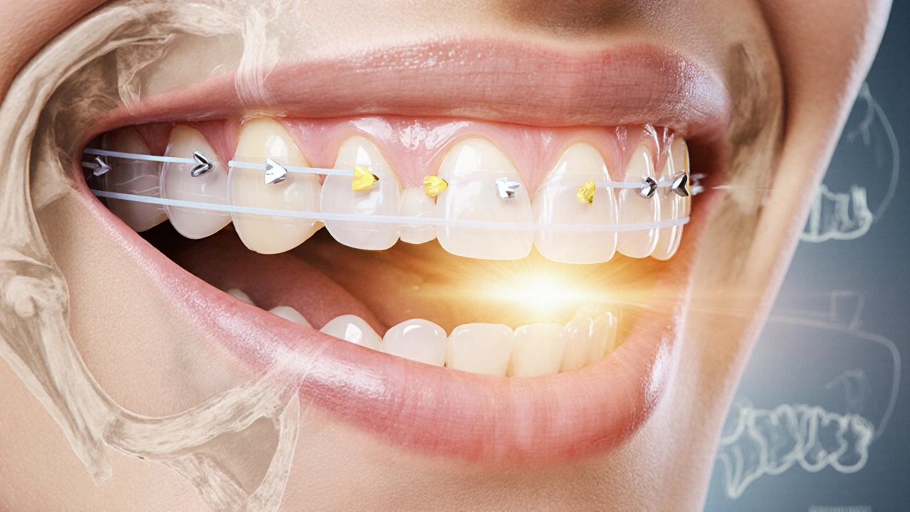 Křížový řez čelisti s elastickými pásy působícími na zuby pro jejich vyrovnání.