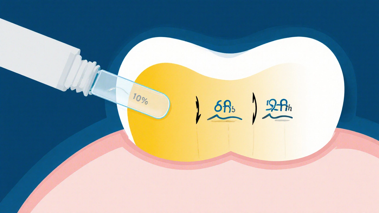 Křížový řez zubu s pronikáním peroxidu do skloviny a označenými koncentracemi a časy.