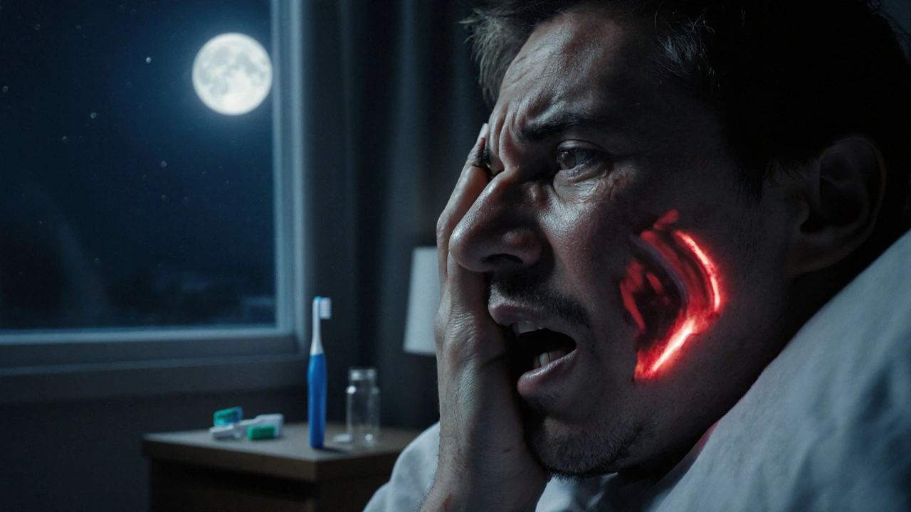 Muž drží tvář v bolesti v noci, viditelný otok čelisti a měkké osvětlení.