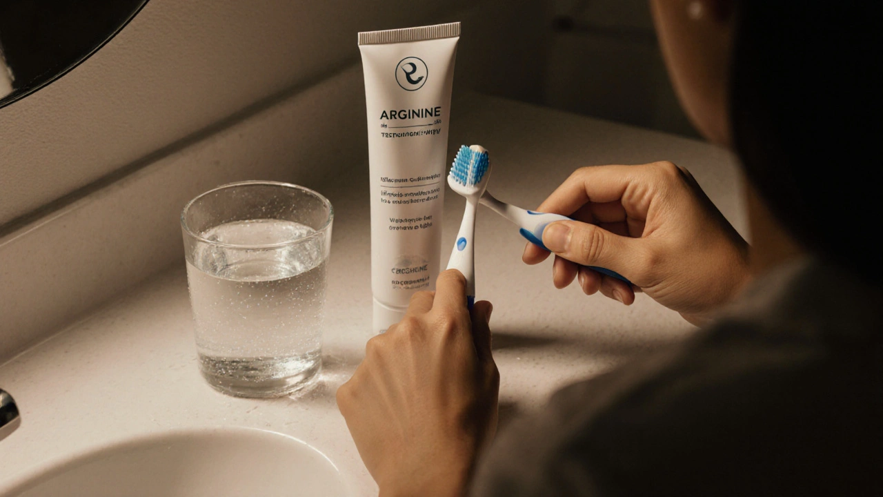 Osoba jemně čistí zuby měkkým kartáčkem v koupelně, vedle ní stojí pasta s argininem a fluoridový gél.