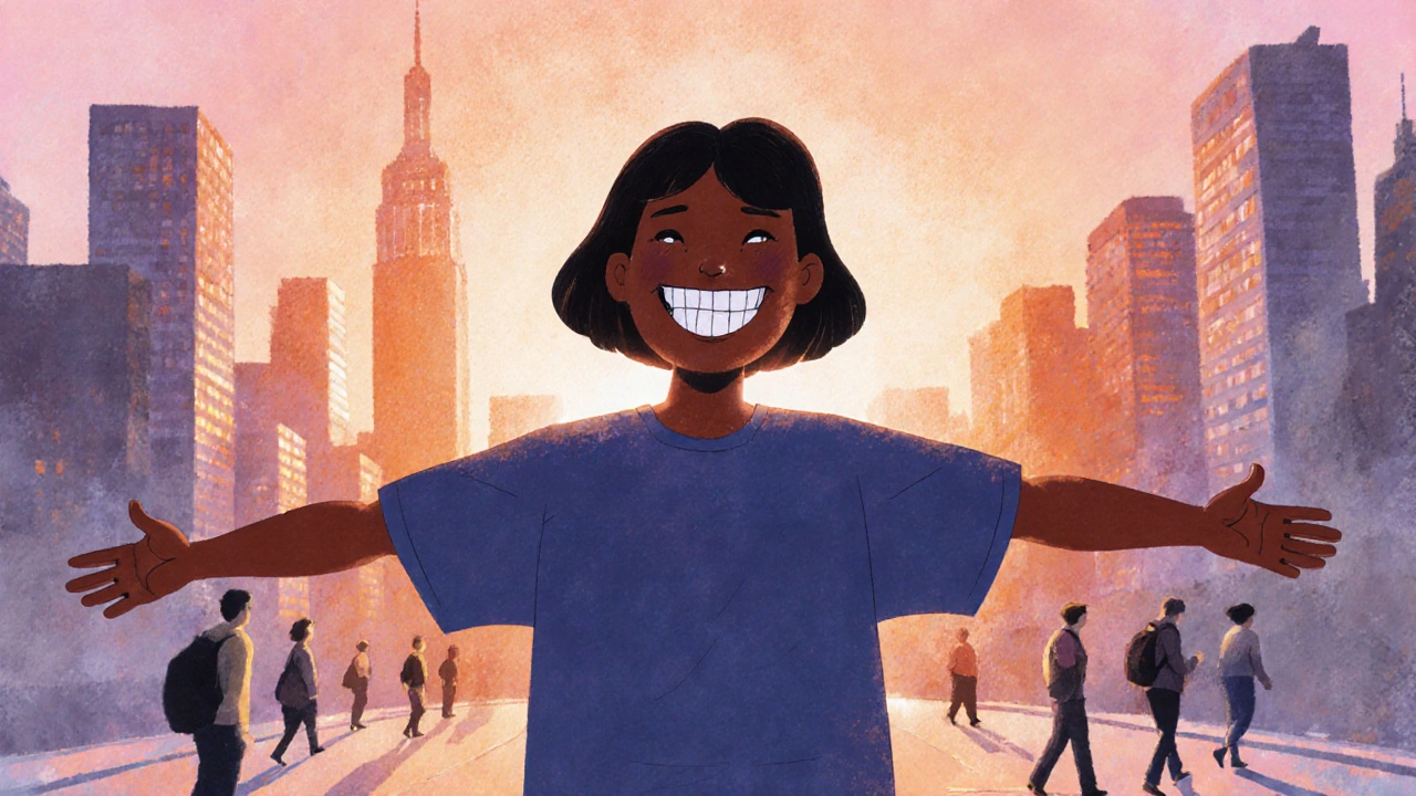 Osoba se směje plným úsměvem na pozadí městského výhledu při západu slunce.