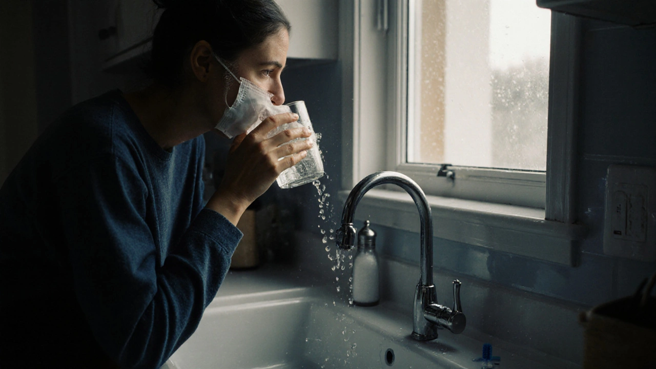 Osoba si vyplachuje ústa solnou vodou při otoku tváře