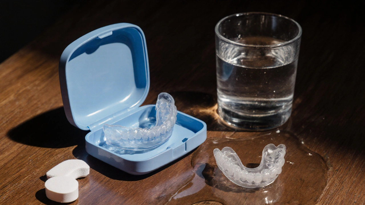 Otevřená krabička s čistým rovnátkem a poškozené rovnátko vedle vylitá horká voda.