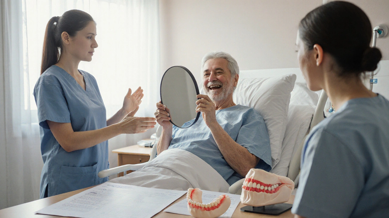 Pacient po maxilofaciální operaci se dívá do zrcadla, zatímco tým pomáhá s obnovou.