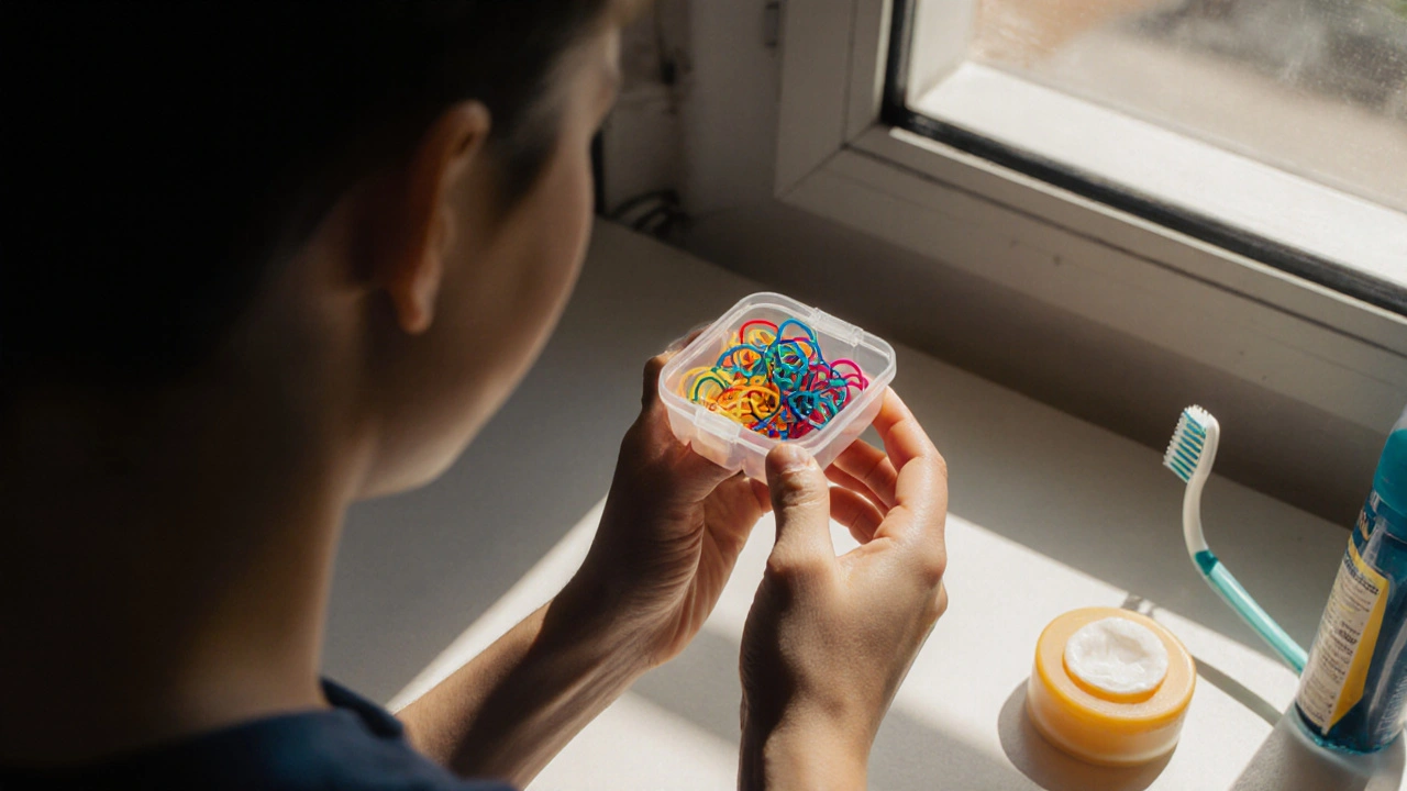 Pacient s náhradními gumičkami a zubním voskem.