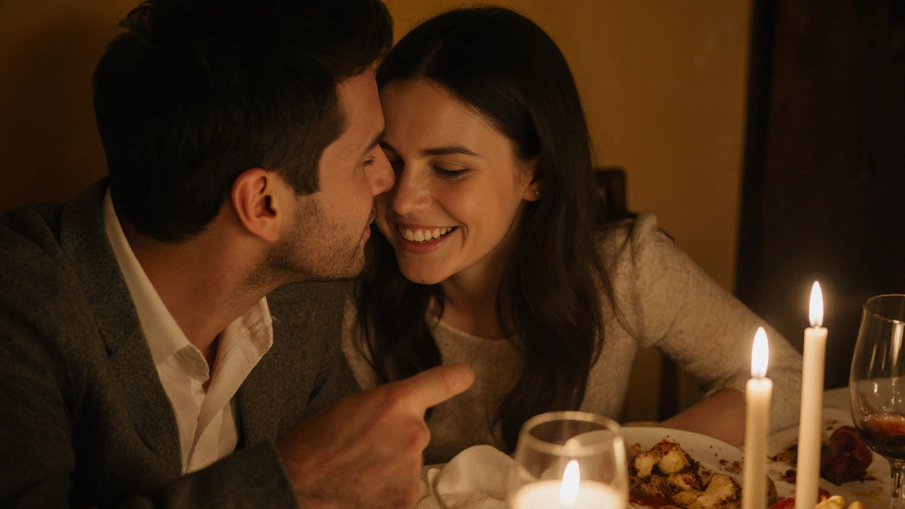 Pár u večeře, kdy se partner odtahuje před políbením.