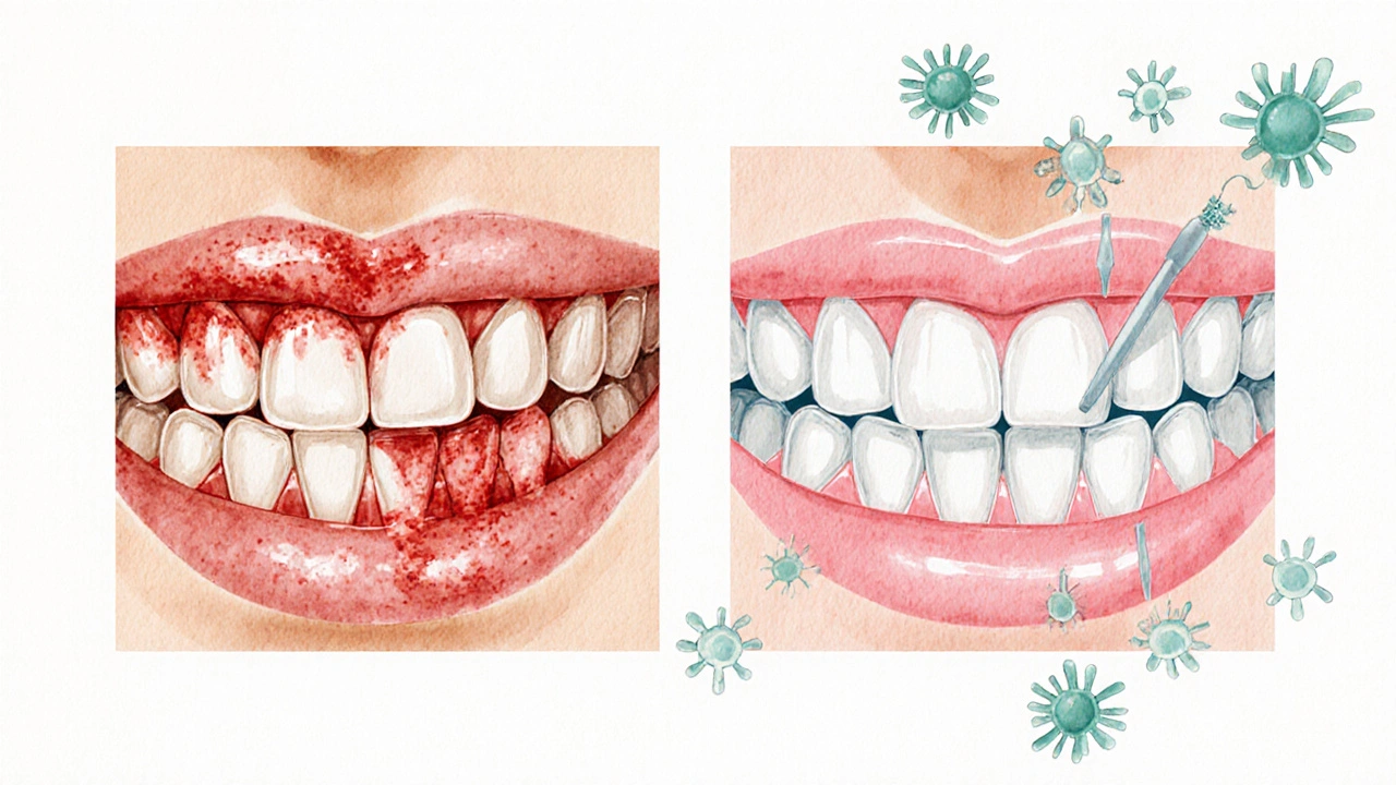 Porovnání zánětlivých a zdravých dásní mezi zuby s a bez zubního plaku.