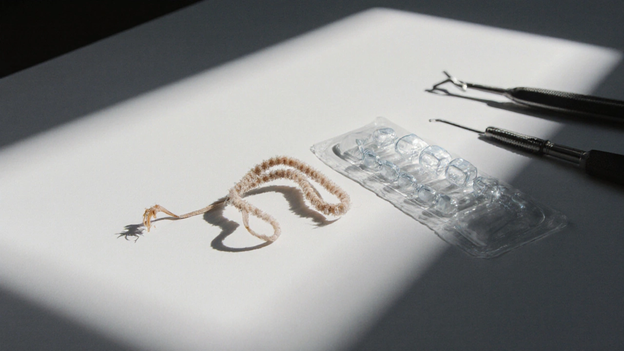 Použitá a nová gumička na rovnátka leží vedle sebe na bílém pozadí.