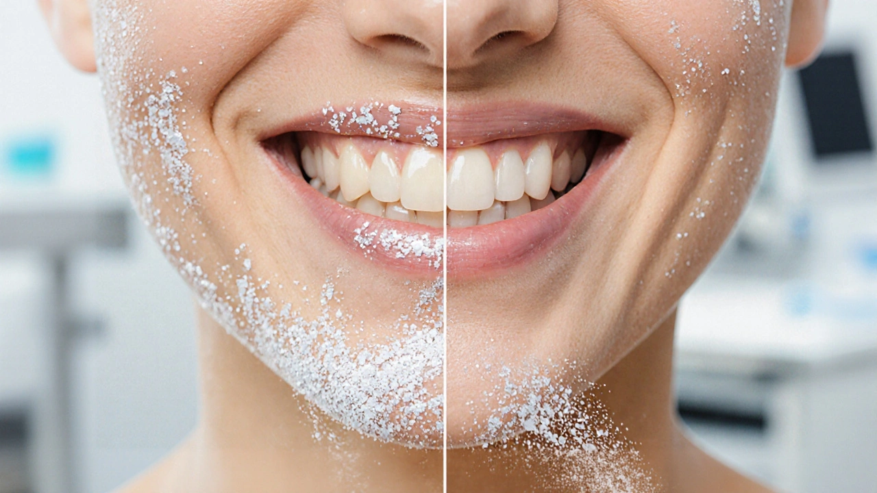 Před a po pískování zubů: špatně zdravé zuby vlevo, čisté a zdravé vpravo.