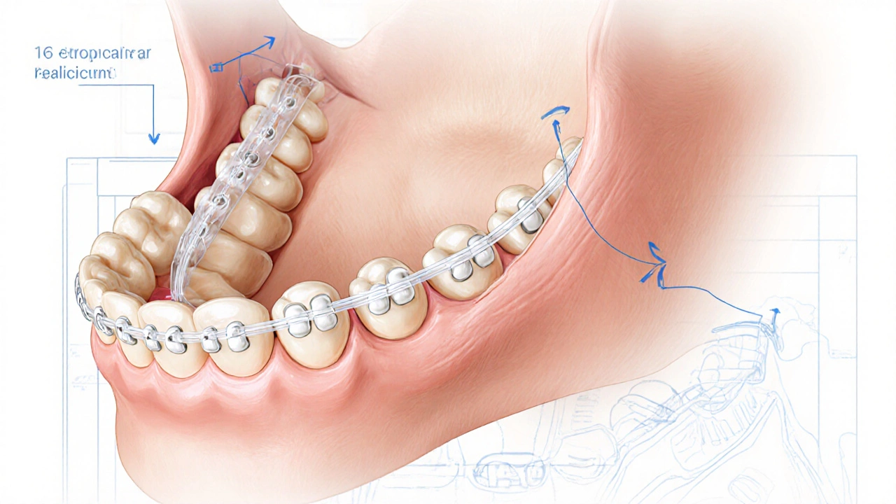 Přehled čelisti s pružinkami, které posouvají zuby.