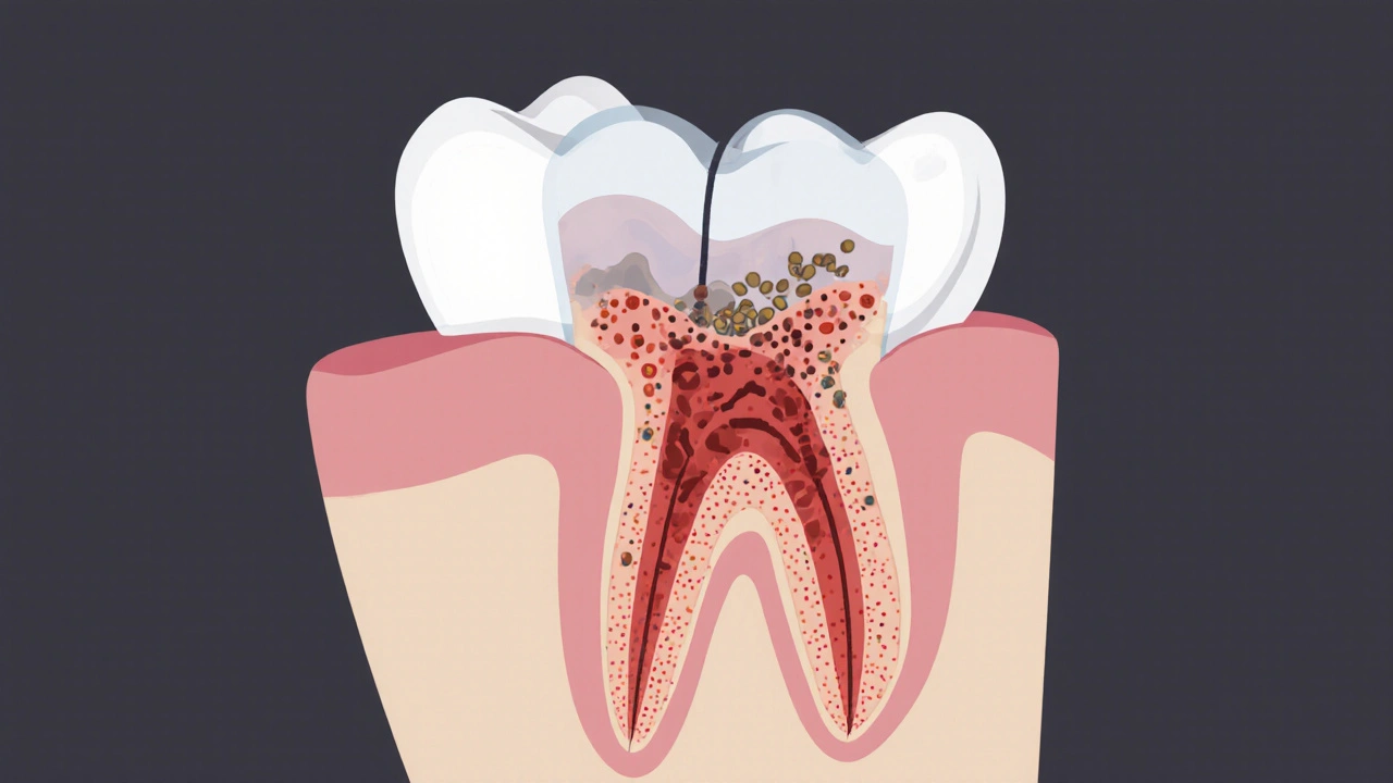 Příčný řez čelisti s impaktovaným moudrostním zubem tlačícím na sedmý zub.