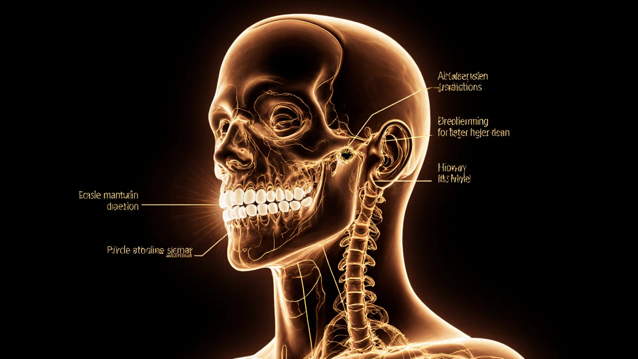 Průhledný lidský tělo s energií proudící z vyvážených zubů do mozku, žaludku a dýchacích cest.