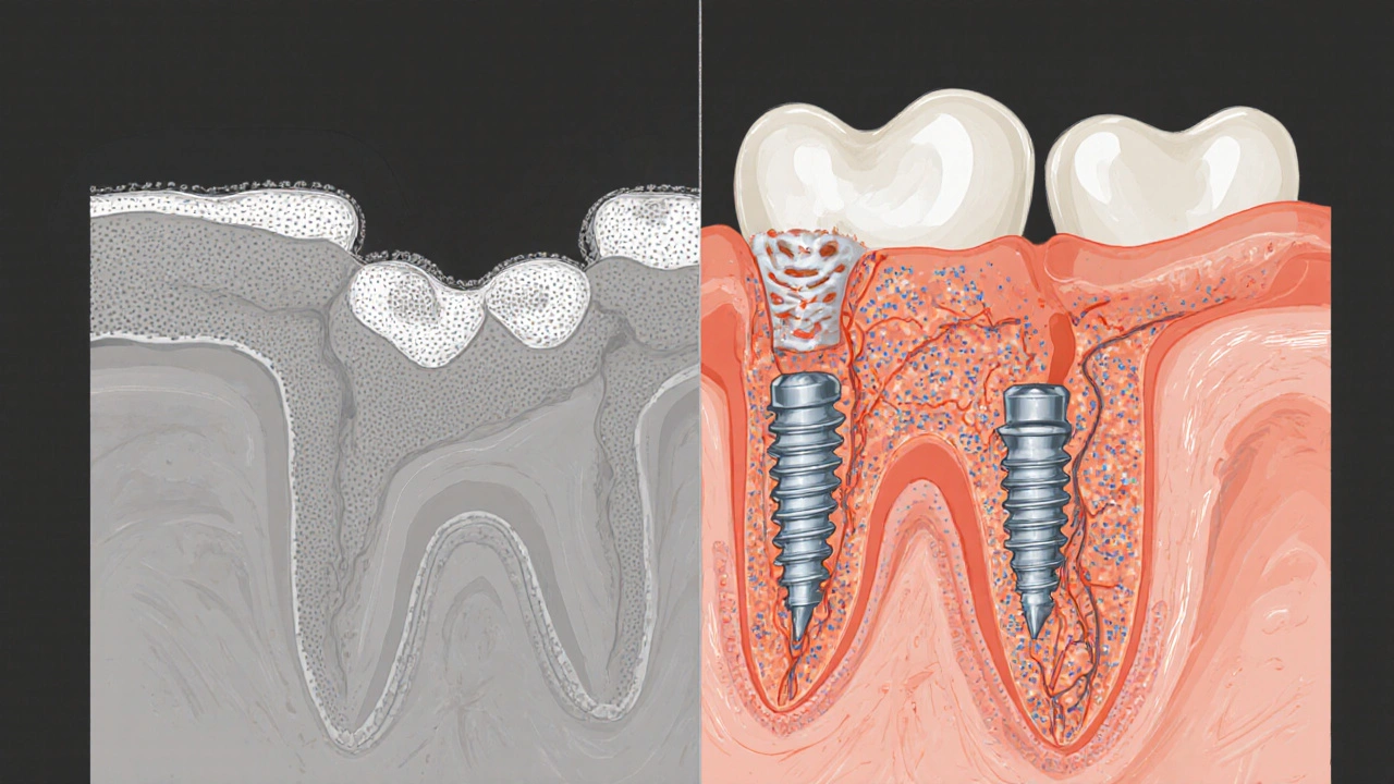 Průřez čelisti: na jedné straně osteoporóza s tenkou kostí, na druhé implantát s nově vyrůstající kostí.