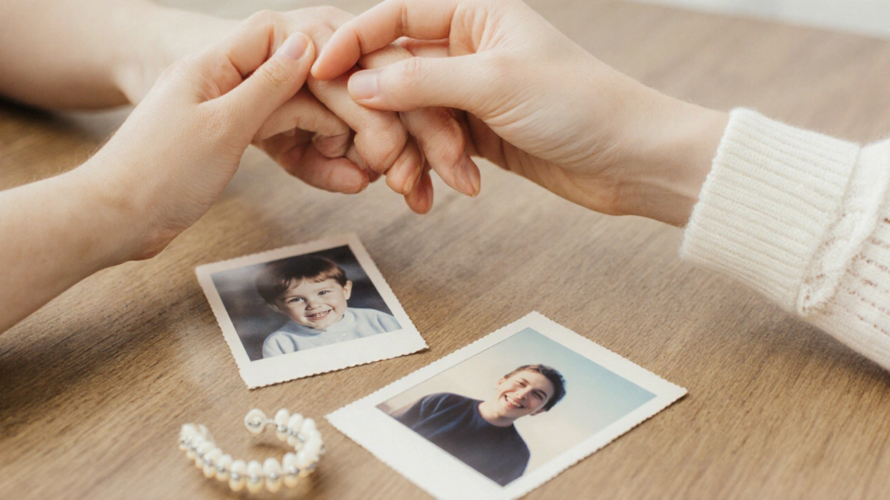 Ruce se dotýkají, vedle nich staré fotografie a jedna zubní vložka na stole — symbol přijetí a víry.