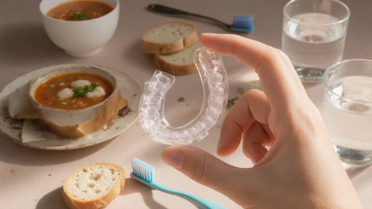 Ruka drží čisté nápravné rovnátko vedle měkkých potravin a zubní kartáček.