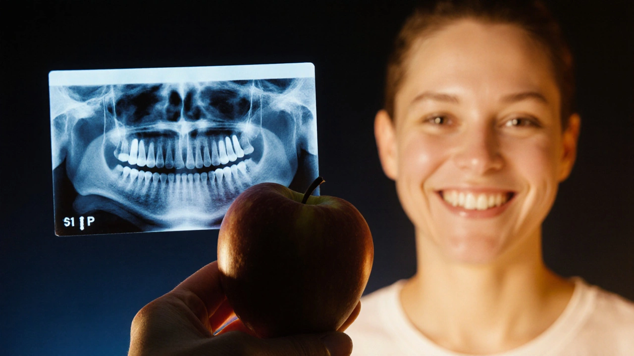 Ruka drží jablko nad rentgenem s implantáty, stínový přechod od vyčerpané tváře k plné a zdravé.