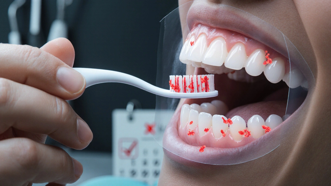 Ruka drží ohnutý mezizubní kartáček, s transparentním znázorněním odstranění plaku.