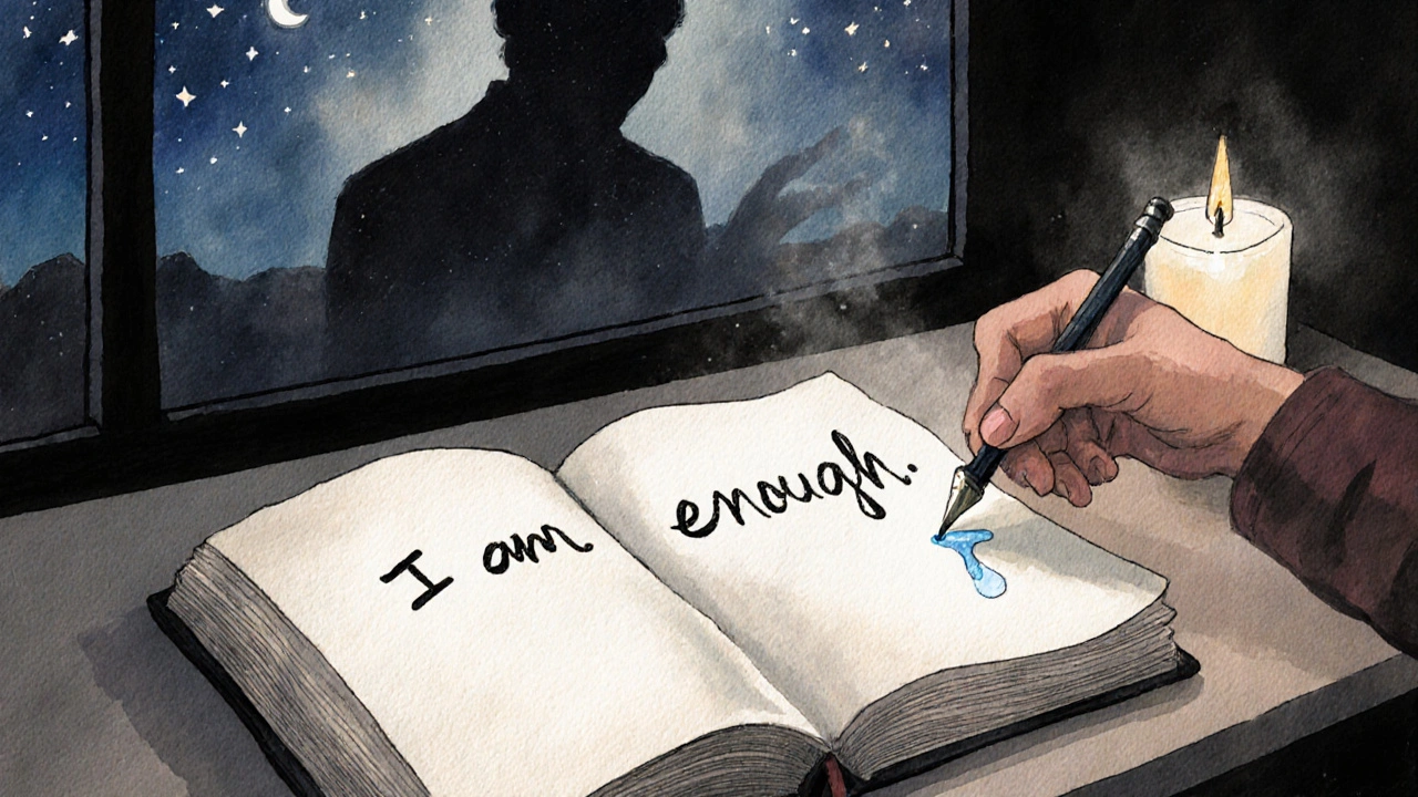 Ruka píše do sešitu, kde je napsáno &#039;Jsem v pořádku&#039;, zatímco stín mizí.