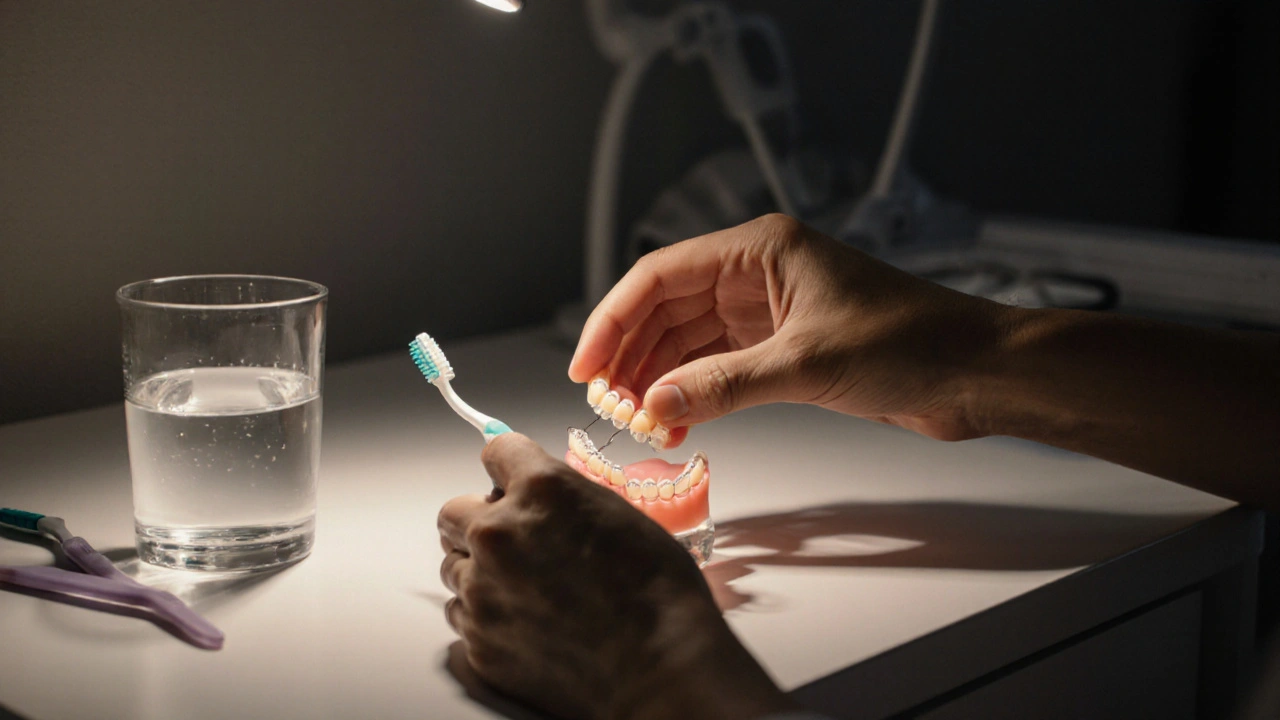 Rukou ukládaný retainer na nočním stolku s kartáčkem pro rovnátka.