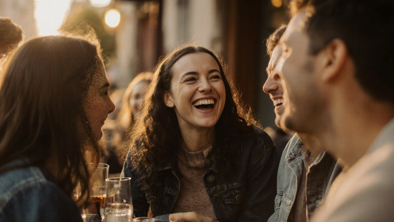 Skupina přátel se směje v kavárně, jedna osoba má viditelnou mezeru mezi zuby.